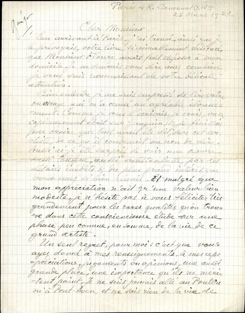 Lettre de Georges Daniel de Monfreid à Charles Chassé