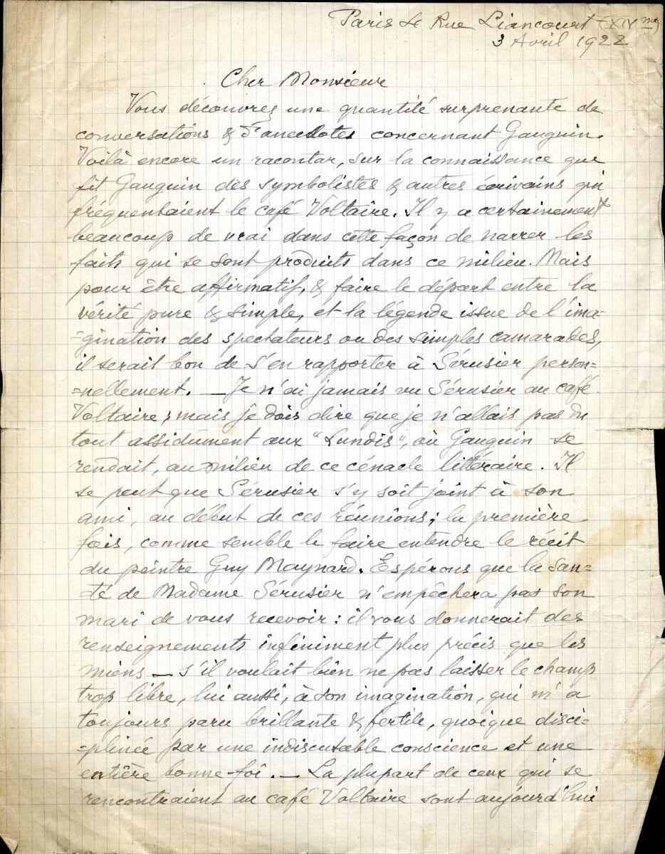 Lettre de Georges Daniel de Monfreid à Charles Chassé