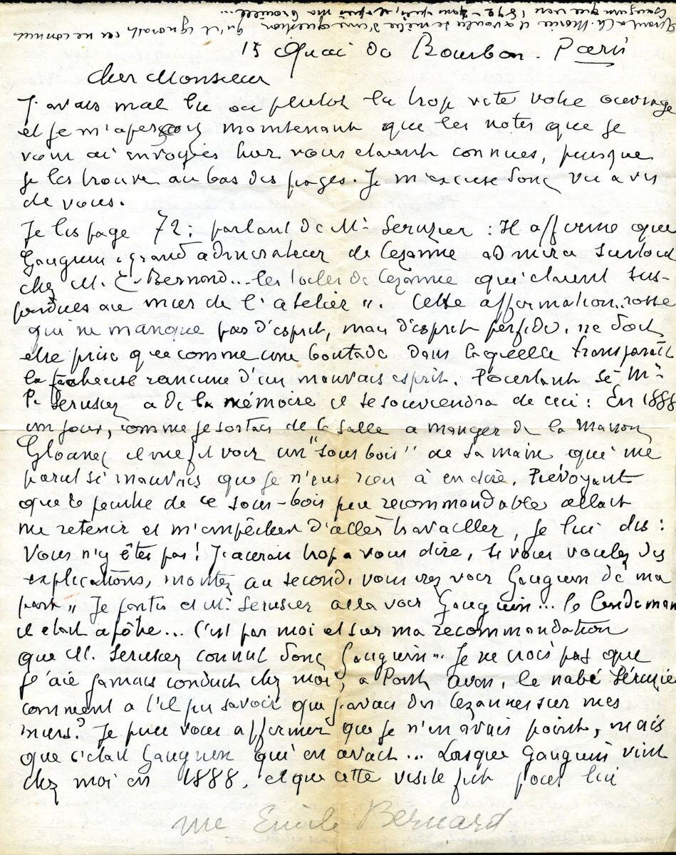 Lettre d'Emile Bernard à Charles Chassé