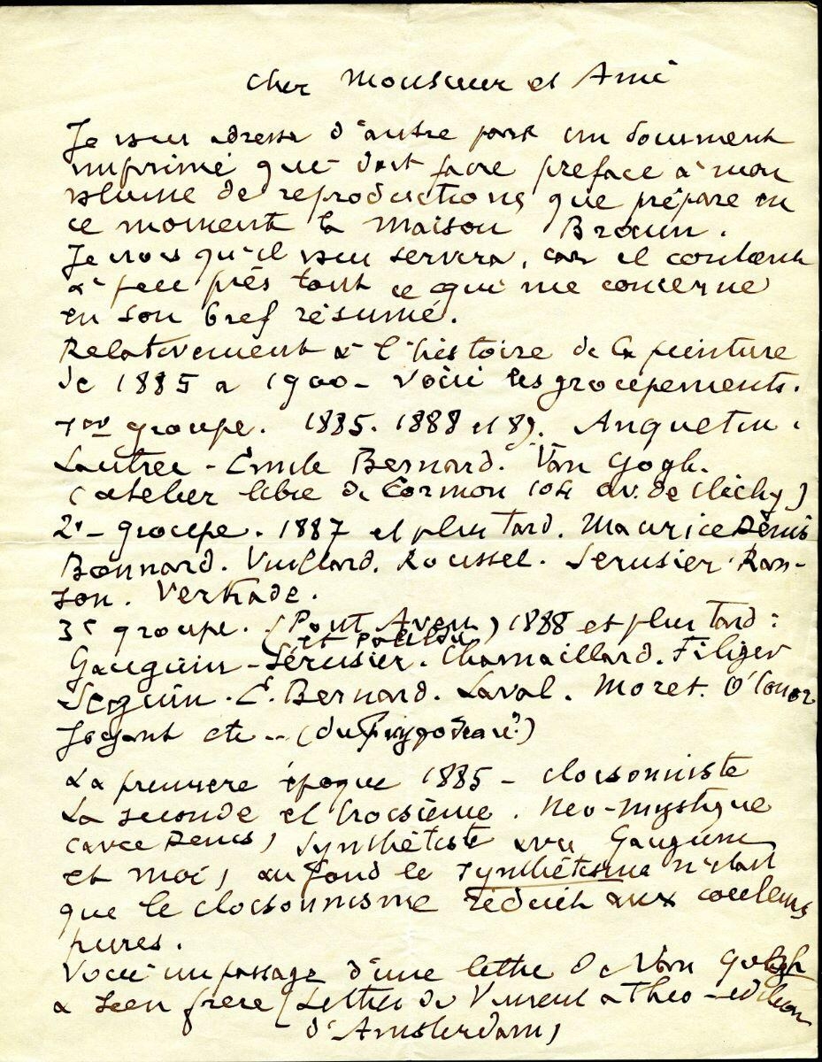 Lettre d'Emile Bernard à Charles Chassé