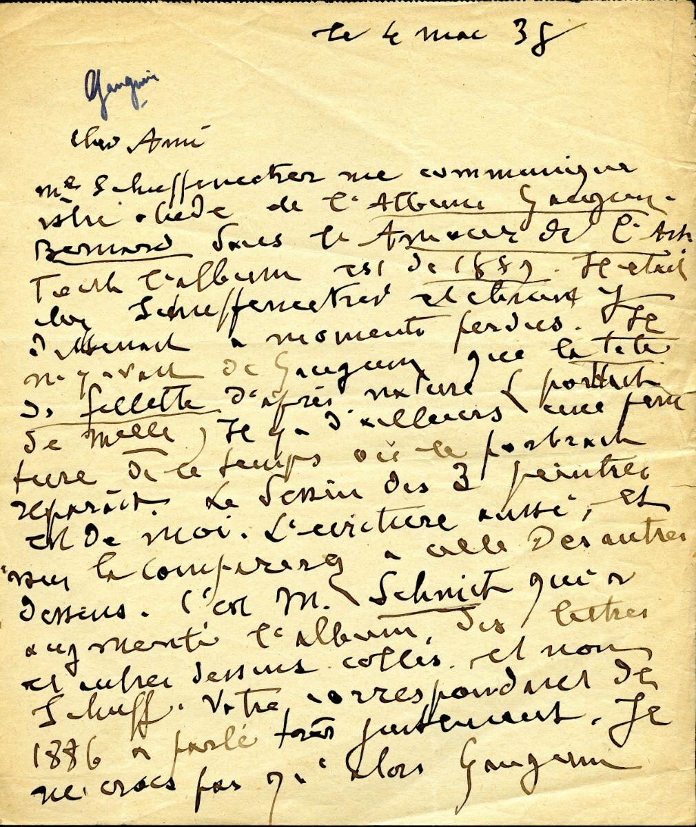Lettre d'Emile Bernard à Charles Chassé