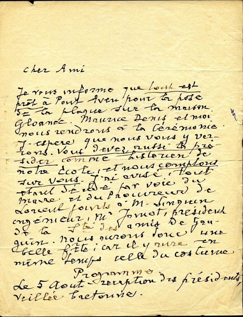 Lettre d'Emile Bernard à Charles Chassé