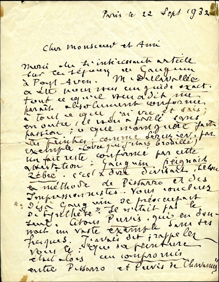 Lettre d'Emile Bernard à Charles Chassé