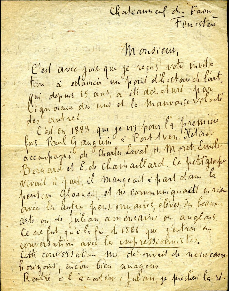 Lettre de Paul Sérusier à Charles Chassé