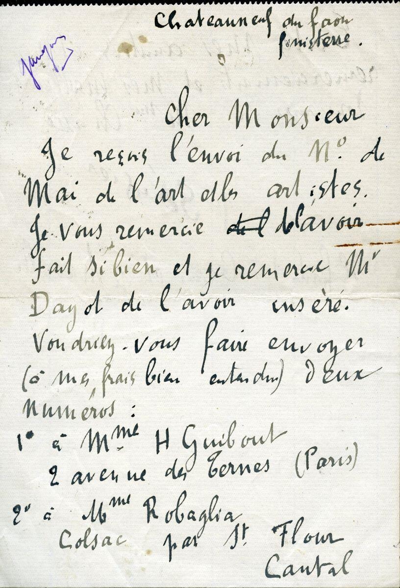 Lettre de Paul Sérusier à Charles Chassé