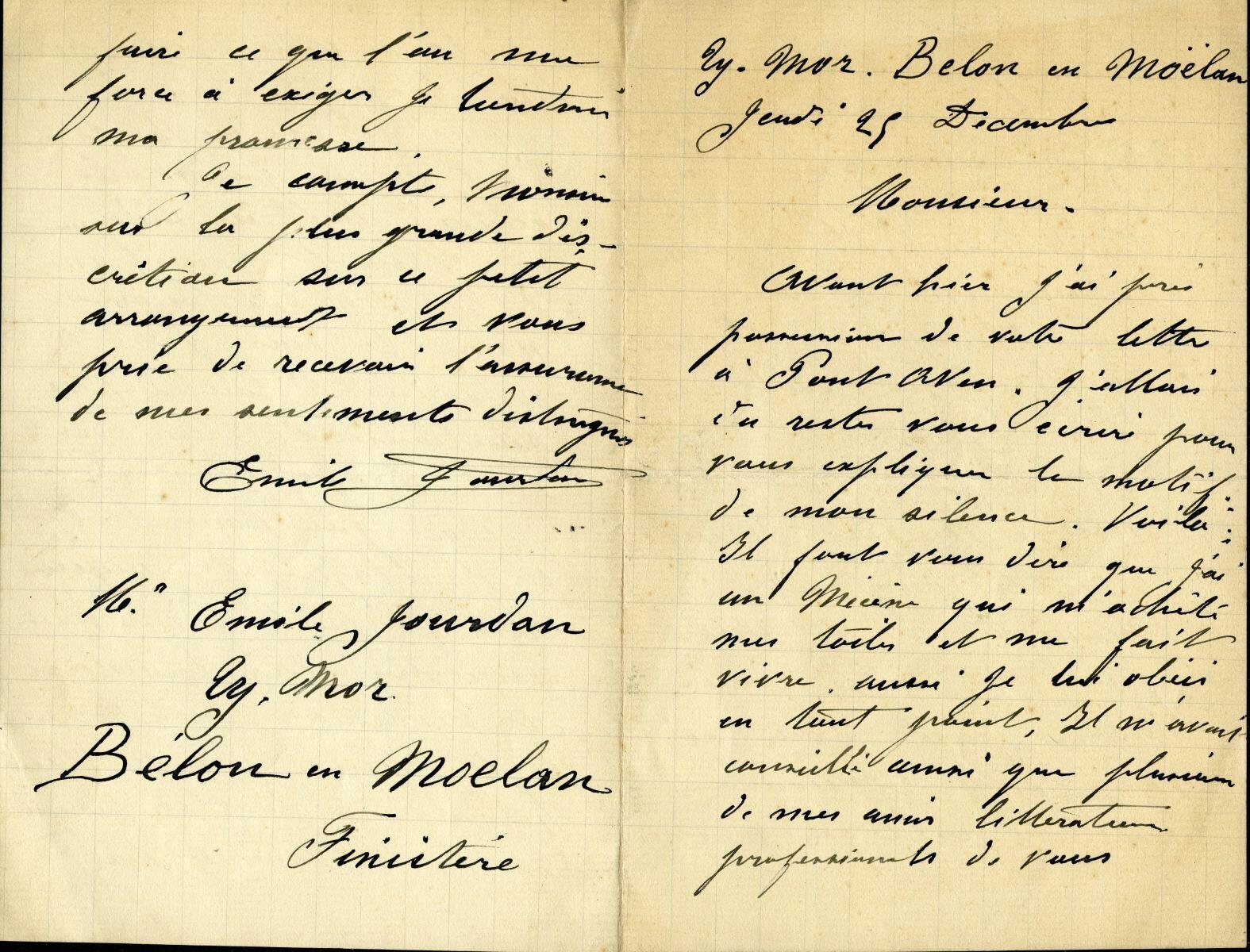 Lettre d'Emile Jourdan à Charles Chassé