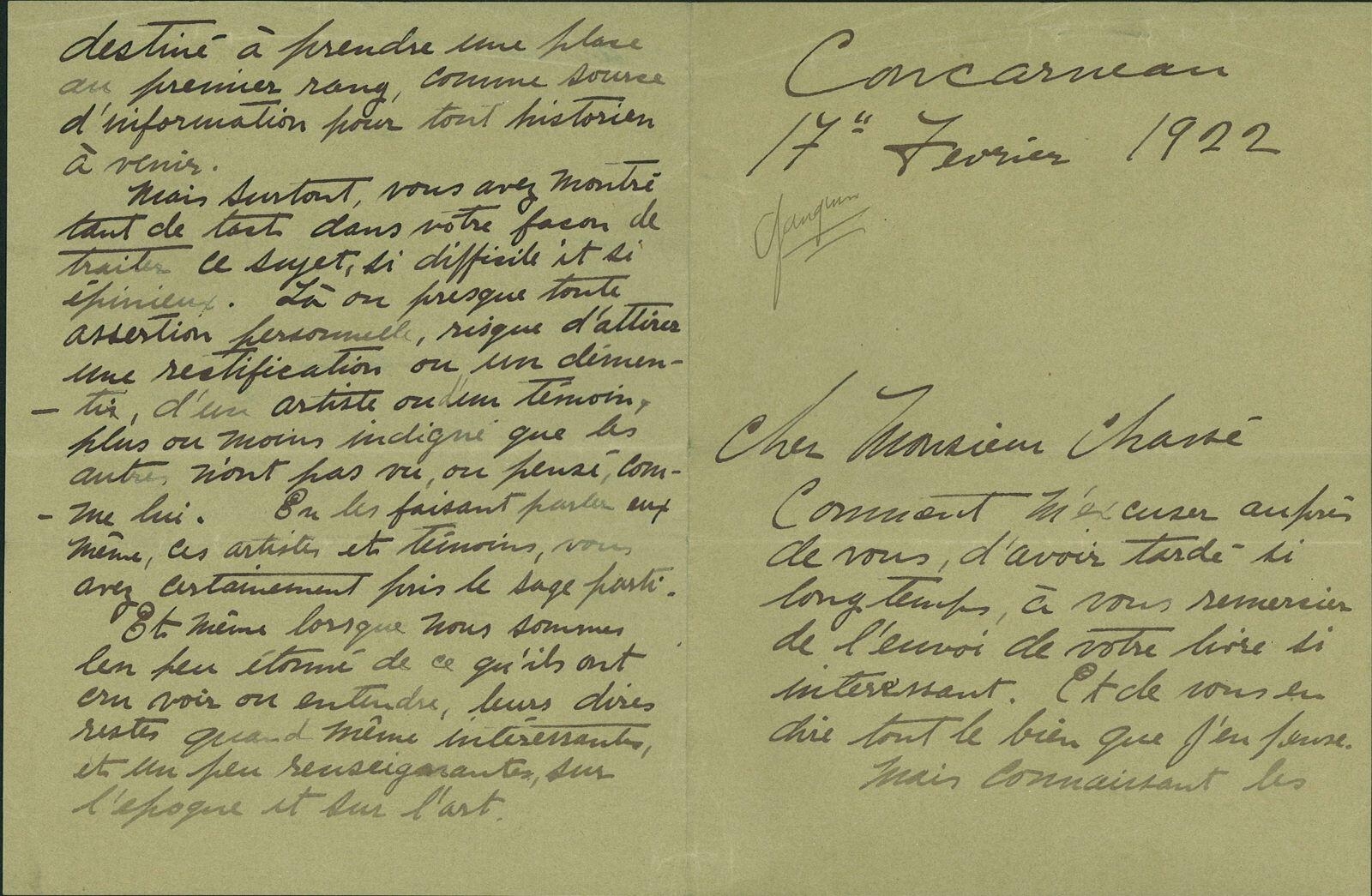 Lettre de Guy Ferris Maynard à Charles Chassé