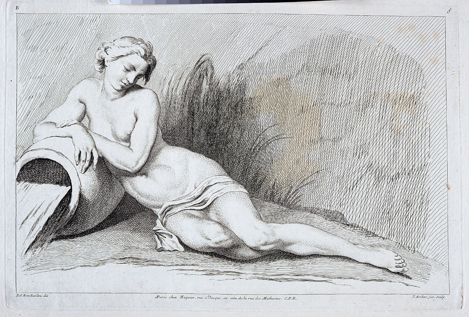 Second Livre de diverses figures d'Académies (08) : Femme nue allongée accoudée à une urne, étude pour la Marne
