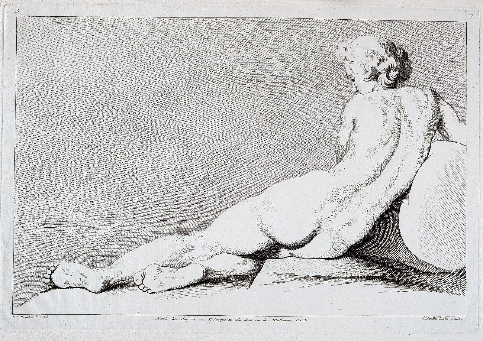 Second Livre de diverses figures d'Académies (09) : Femme nue allongée de dos, étude pour la Marne