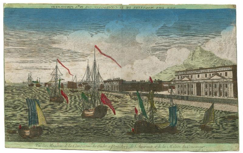 Vue des Magasins de la Compagnie des Indes à Pontichéry, de l'Amirauté et de la Maison du Gouverneur