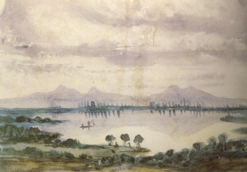 Paysage de fantaisie : pêcheurs, lac et montagnes