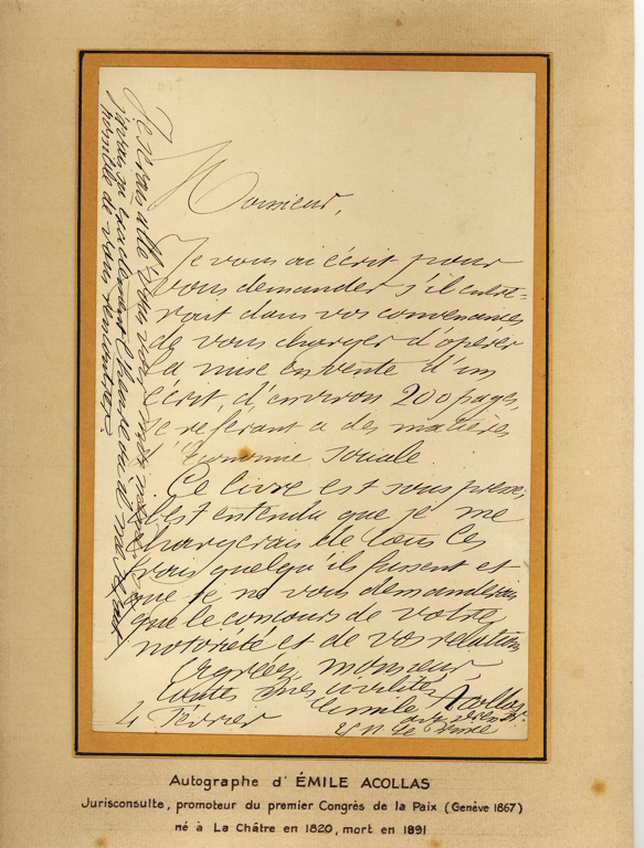 Lettre autographe signée de Pierre René Paul émile ACOLLAS à un correspondant