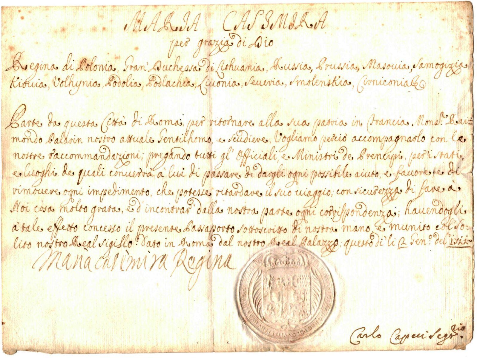 Passeport de Marie Casimir Reine de Pologne