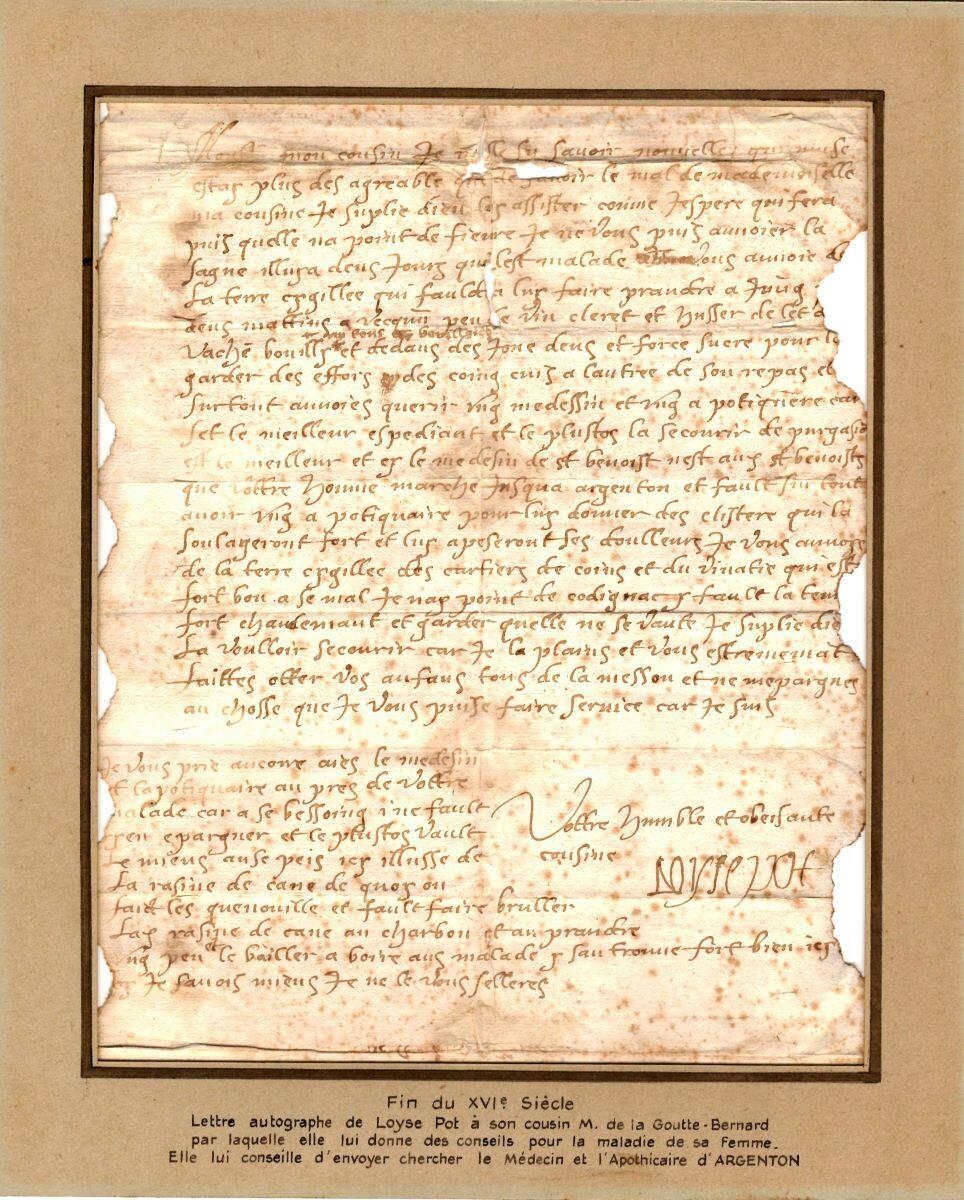 Lettre de Loyse Pot ; lettre autographe signée