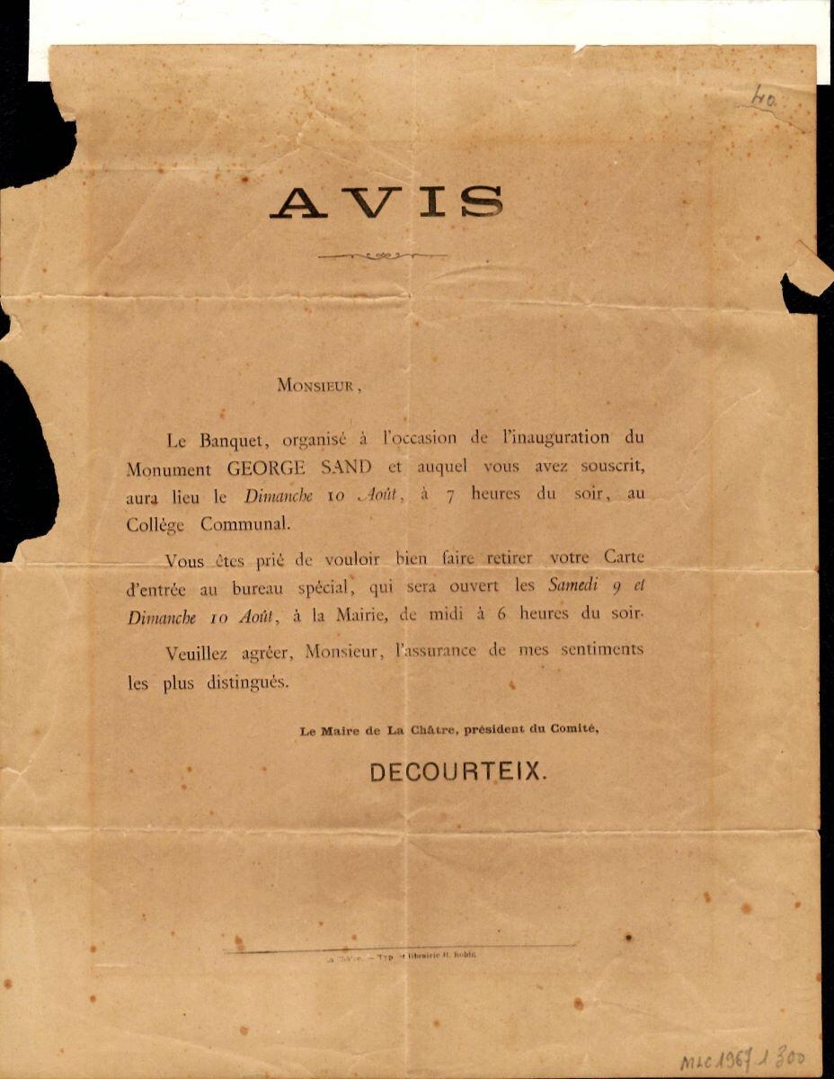 Avis pour le banquet organisé à l’occasion de l’inauguration du monument George SAND