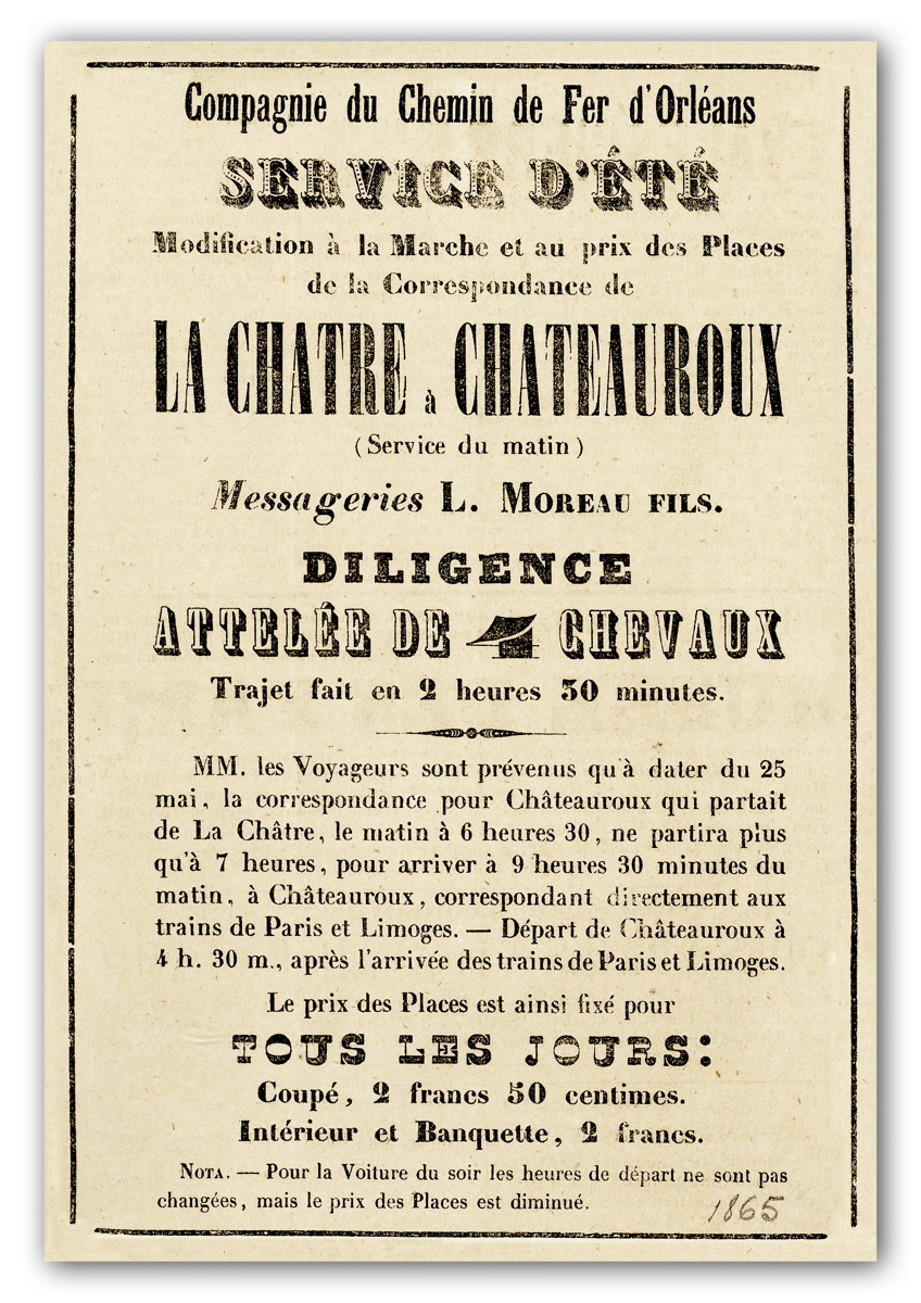 Service d’été La Châtre Châteauroux. Affiche de la compagnie du chemin de fer d’Orléans