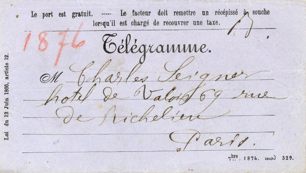 Un télégramme et son enveloppe de Henri AMIC à Charles SEIGNER, hôtel de Valois 69 rue de Richelieu Paris, annonçant le décès de George SAND