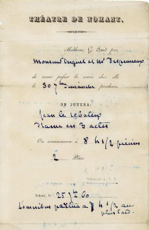Invitation pour deux personnes envoyée à Jean-Charles DUGUET et Pierre-Amédée DESPRUNEAUX pour la représentation théâtrale de Jean le Rebâteux donnée à Nohant (Indre).