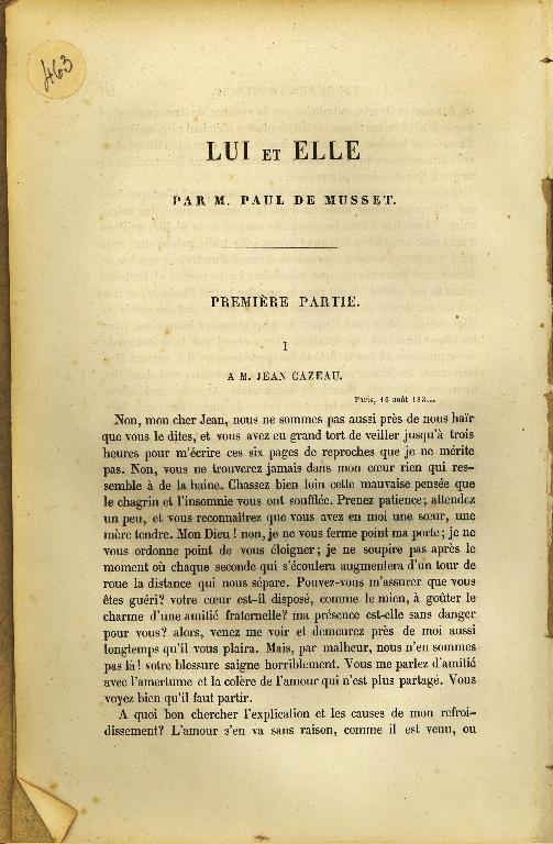 Lui et Elle, parties 1, 2 et 3, Revue des deux Mondes, 1859