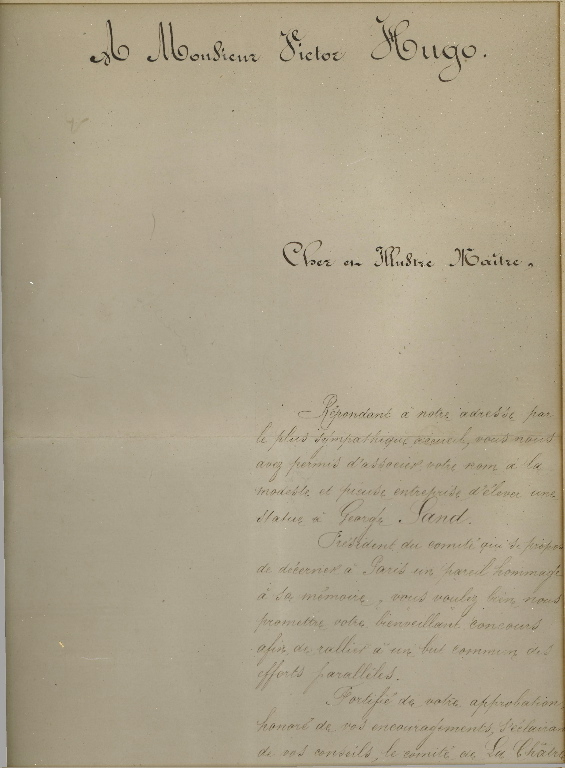 Lettre signée des membres du comité pour l’érection de la statue de George SAND à La Châtre à Victor Hugo