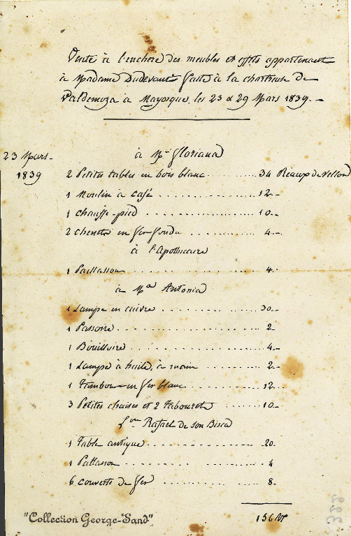 Pièce officielle de la vente aux enchères des objets garnissant la Chartreuse de Valldemosa à Majorque, les 23 et 29 mars 1839.