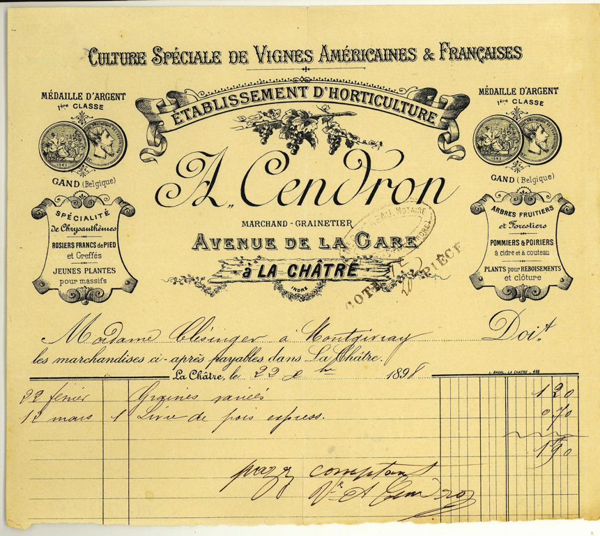 Facture à Mme Clésinger “Antoine Cendron à La Châtre”