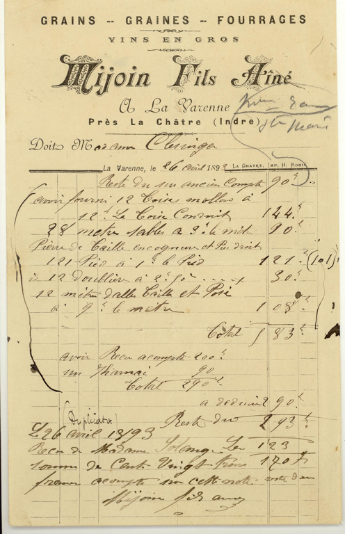 Facture à Mme Clésinger de “Mijoin Fils Aîné” à La Châtre