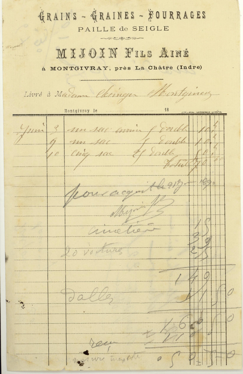 Facture à Mme Clésinger de “MIJOIN Fils Aîné”