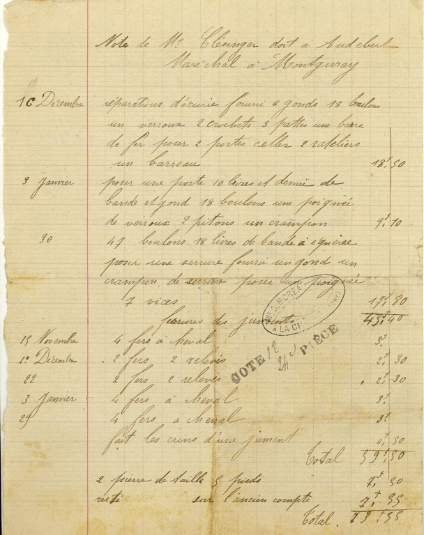 Facture à Mme CLESINGER - Note au Maréchal AUDEBERT