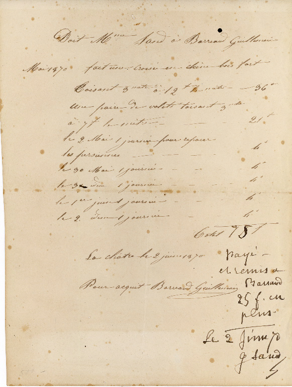 Facture autographe signée de Guillemain BARRAUD à George Sand