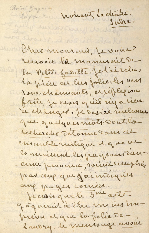 Lettre autographe non signée de George SAND à Auguste ANICET-BOURGEOIS