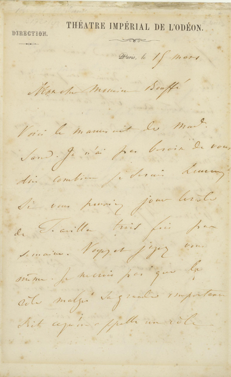 Lettre autographe signée d'Alphonse ROYER à l’acteur BOUFFÉ