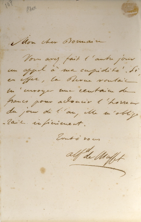 Lettre autographe d’Alfred de Musset à Félix Bonnaire