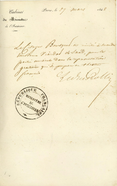 Lettre autographe signée de Alexandre-Auguste LEDRU-ROLLIN à Bousquet