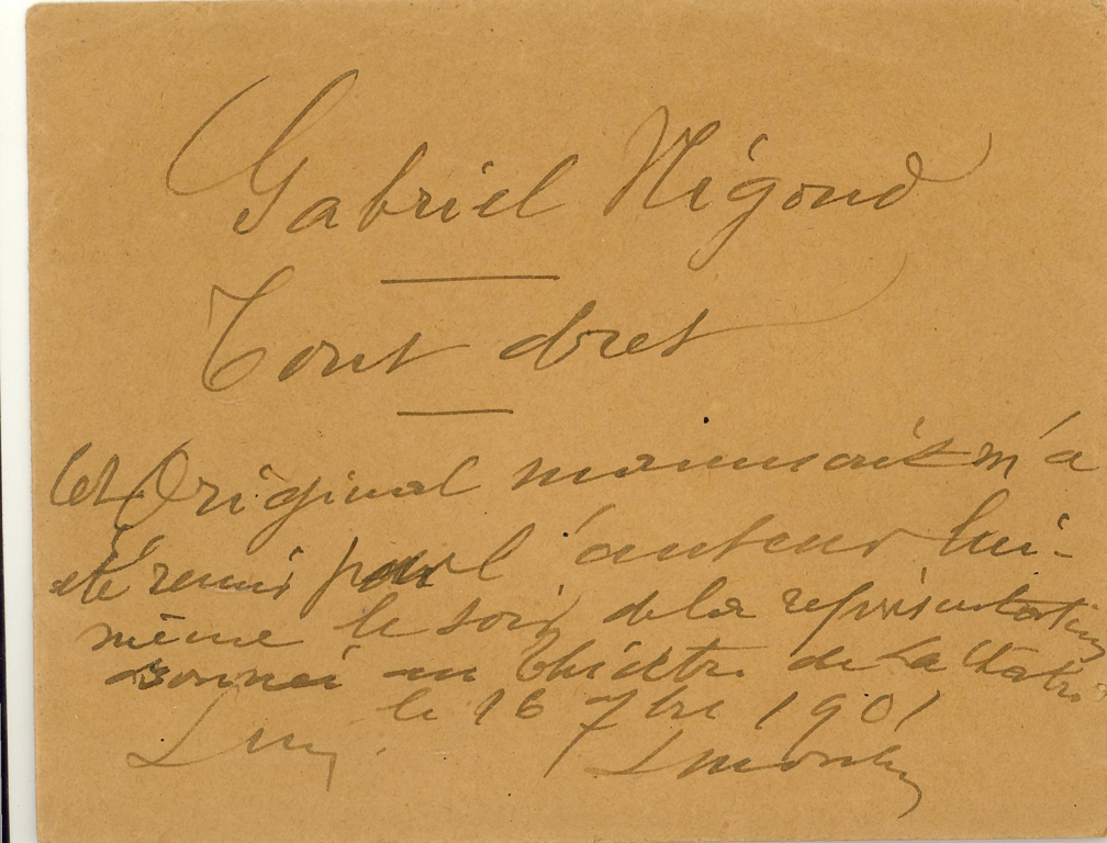 Enveloppe manuscrite à propos d’un original de “Tout dret” de Gabriel NIGOND
