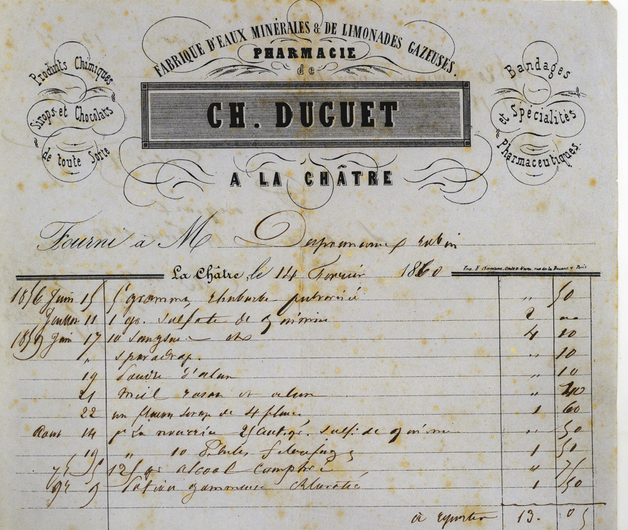 Facture de la pharmacie DUGUET à La Châtre 1860