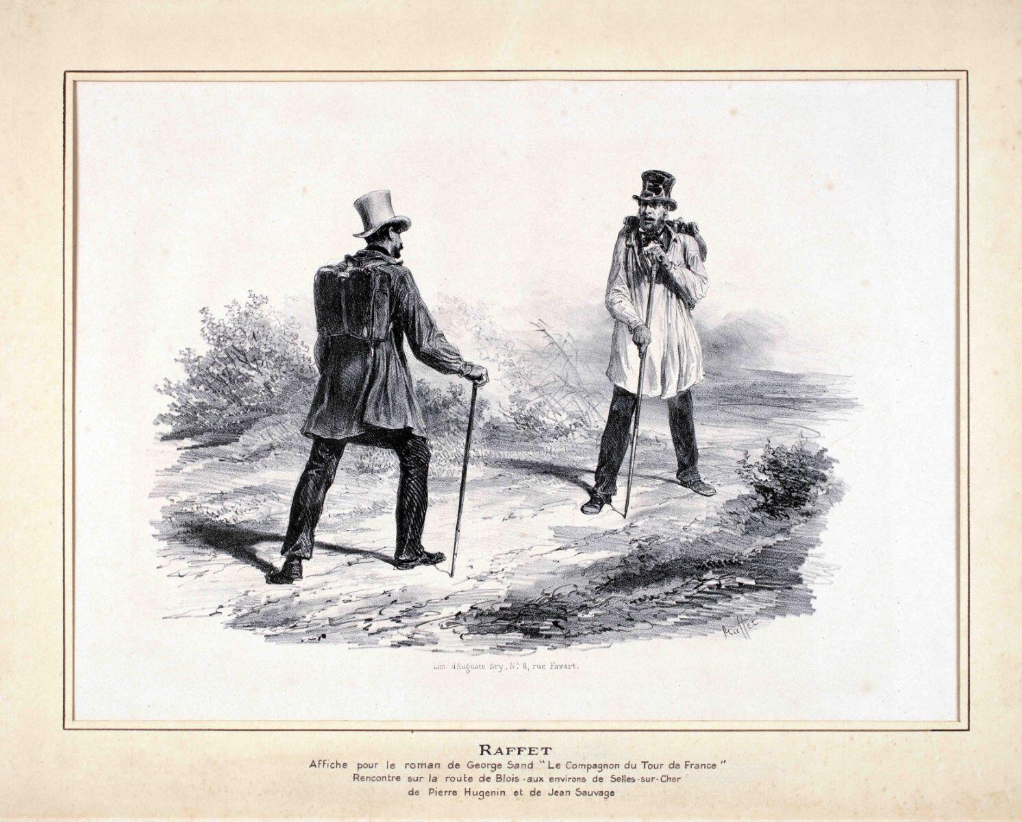 Affiche pour le roman de George Sand “ Le Compagnon du Tour de France “ (rencontre de Pierre Huguenin et Jean Sauvage sur le chemin de Blois