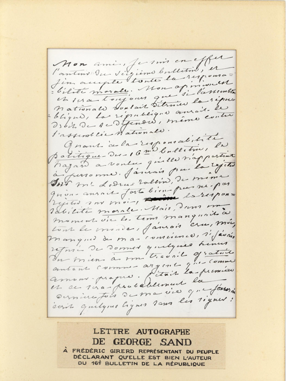 Lettre autographe de George SAND à Frédéric GIRERD Représentant du Peuple déclarant qu’elle est bien l’auteur du 16ème Bulletin de la République.
