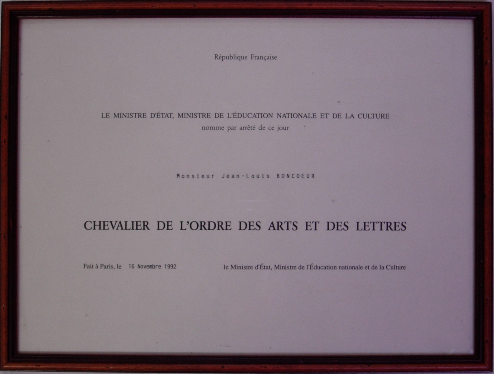 Diplôme de Chevalier de l’Ordre des Arts et des Lettres