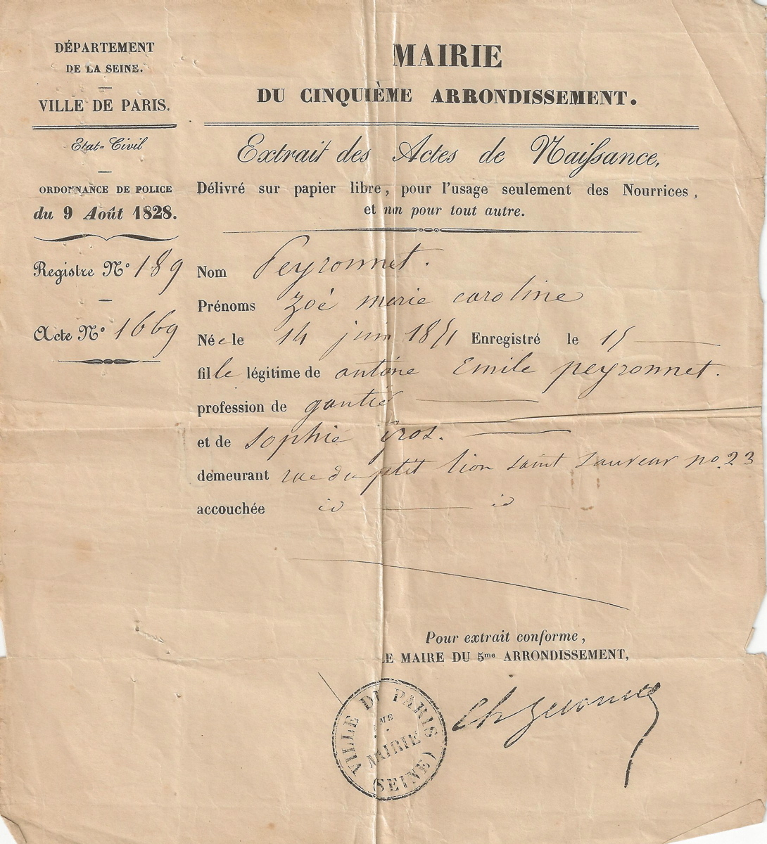 Acte de naissance de Zoé Marie Caroline PEYRONNET