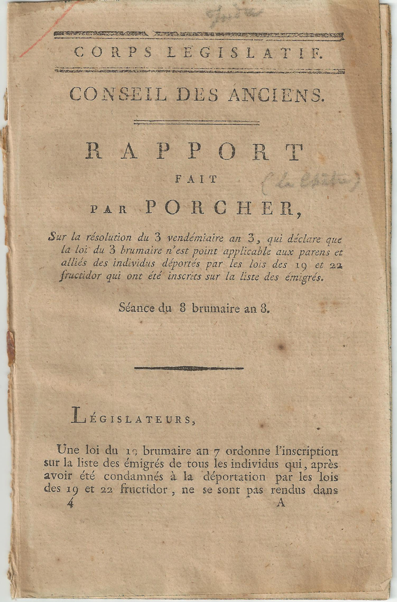 Corps Législatif. Conseil des Anciens. Rapport