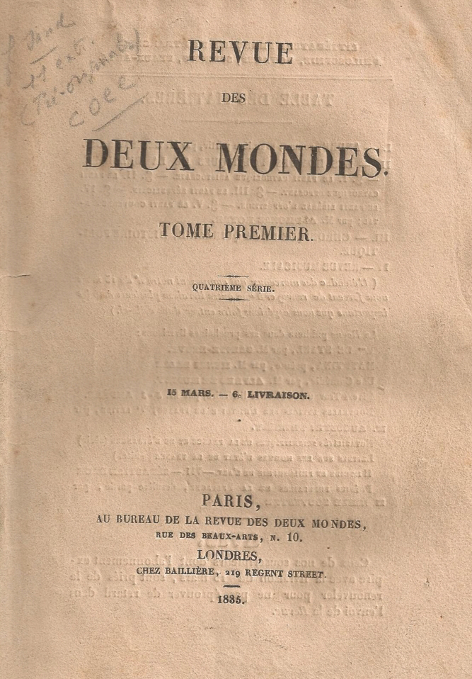 André, tomes premier et second, période initiale, quatrième série, 15 mars 1835 (6e livraison) et 1er avril 1835 (1ère livraison), Revue des deux Mondes