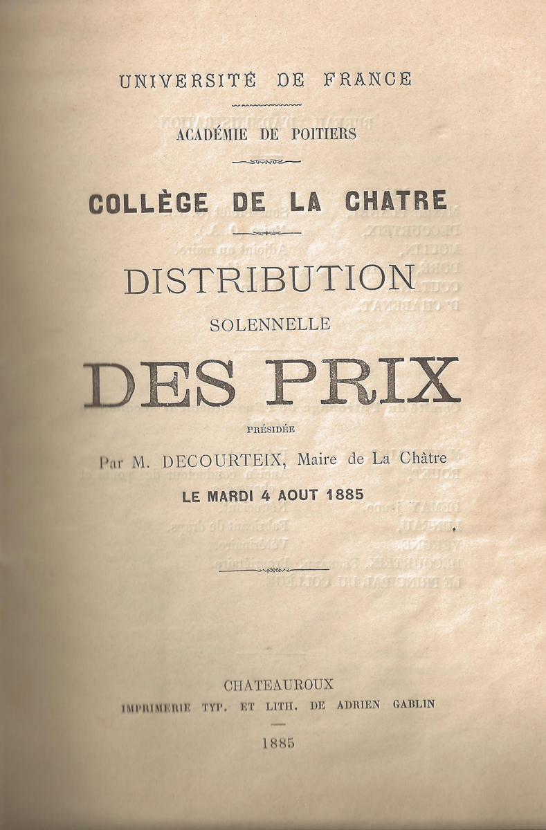 Distribution solennelle des prix présidée par M. Decourteix, Maire de La Châtre