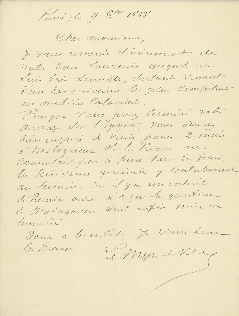 Lettre autographe signée de Charles LE MYRE DE VILLERS adressée à Edmond PLAUCHUT