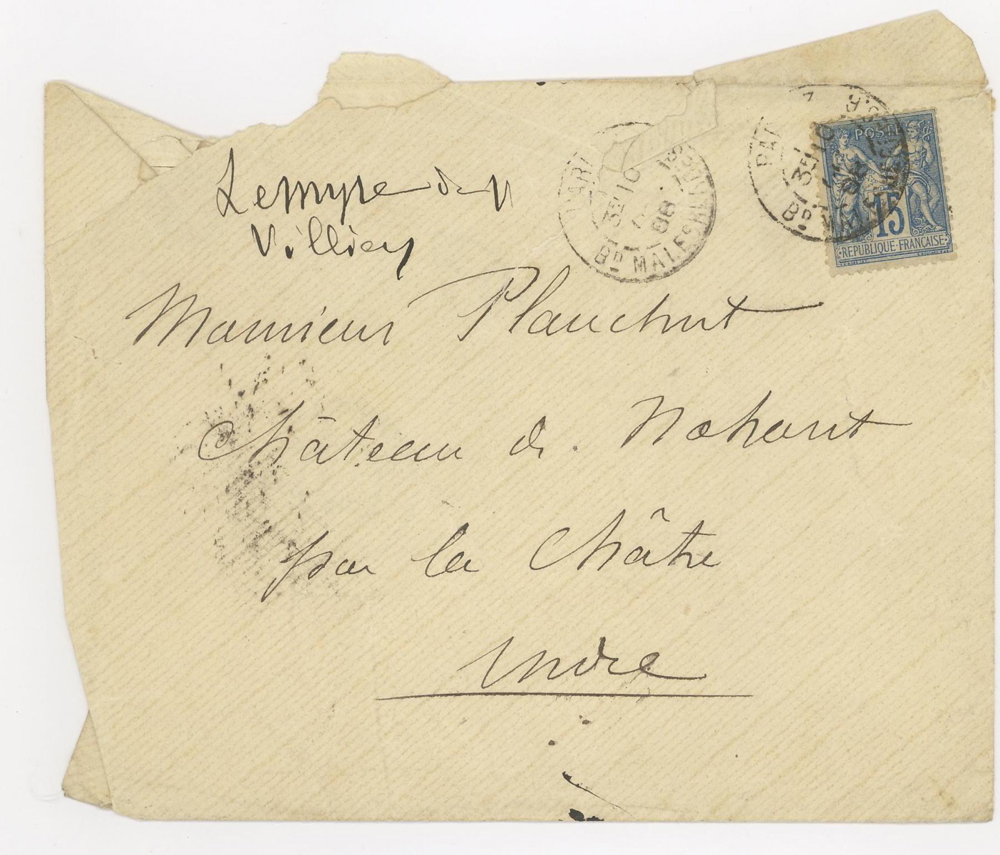 Enveloppe autographe de Charles LE MYRE DE VILLERS adressée à Edmond PLAUCHUT