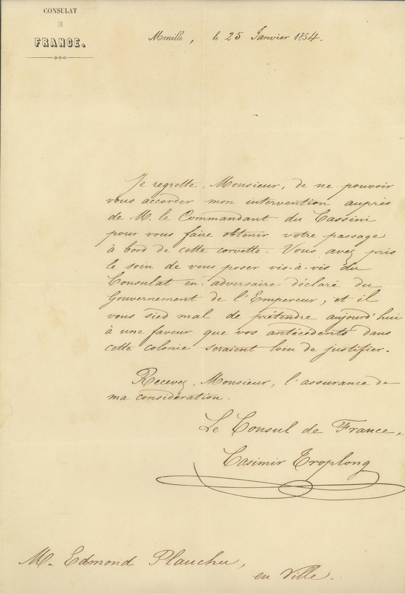 Lettre autographe signée de Casimir TROLONG, Consul de France à Manille, adressée à Edmond PLAUCHUT