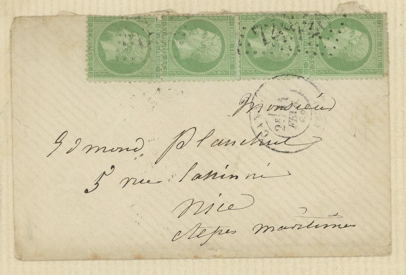 Enveloppe autographe de la Comtesse Alix DE PIERRECLOS adressée à Edmond PLAUCHUT