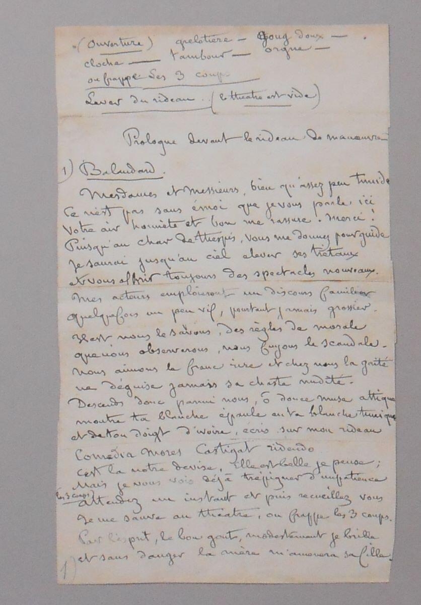 Manuscrit du Prologue d'une pièce pour marionnettes
