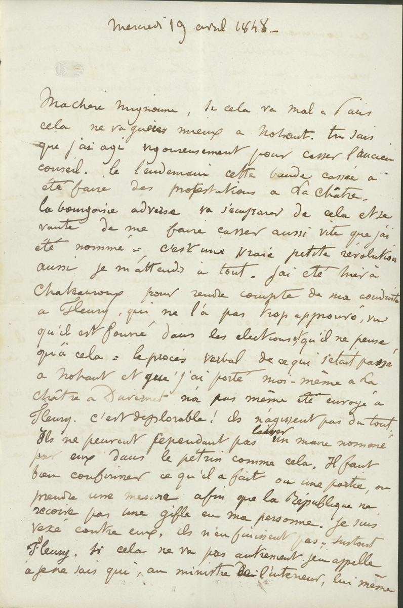 Lettre autographe signée de Maurice SAND à George SAND