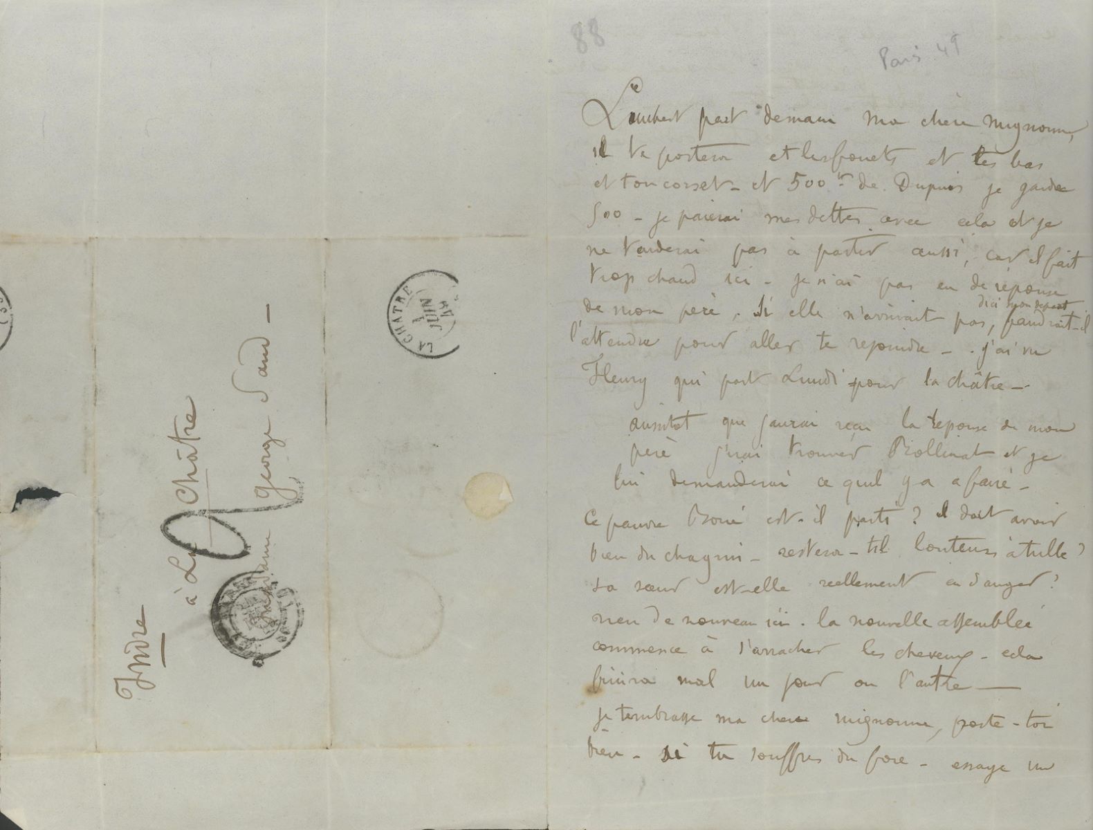 Lettre-enveloppe autographe de Maurice SAND à George SAND